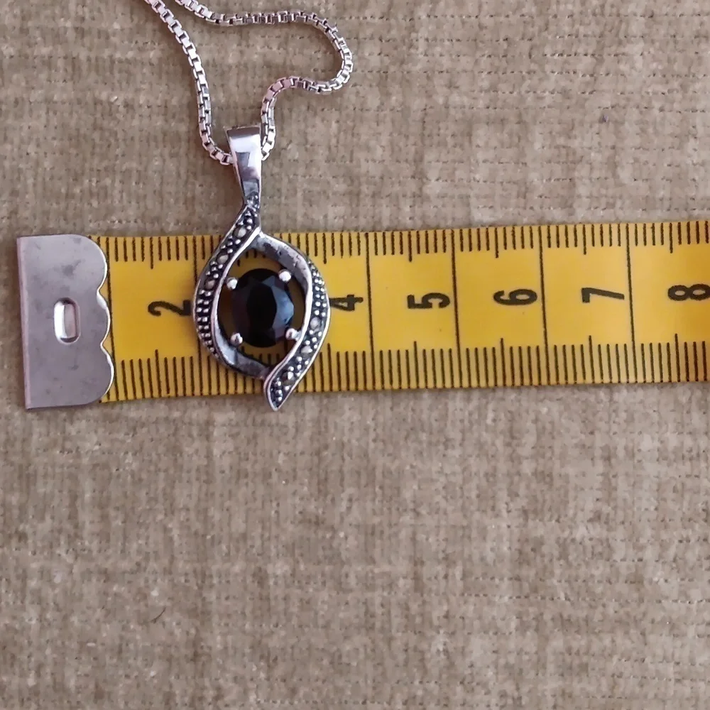 Sterling Silver Box Chain Glass Red Stone Marcasite Pendant Necklace